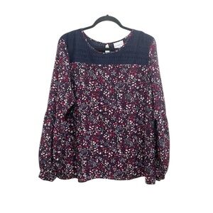 Liz Claiborne Navy Floral Balloon Sleeve Top